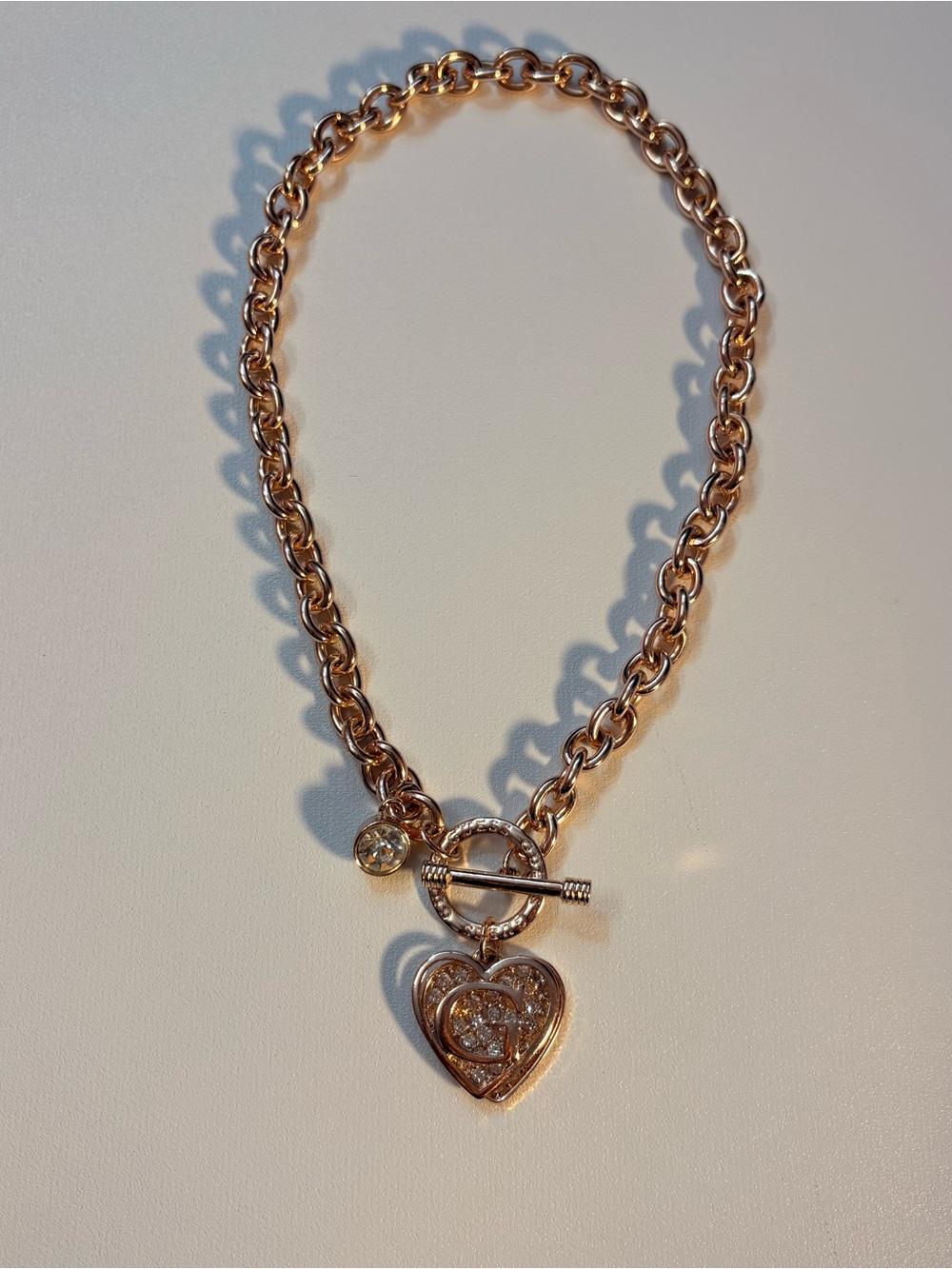 2000s Guess Rose Gold Heart Toggle Necklace with Crystal Accents